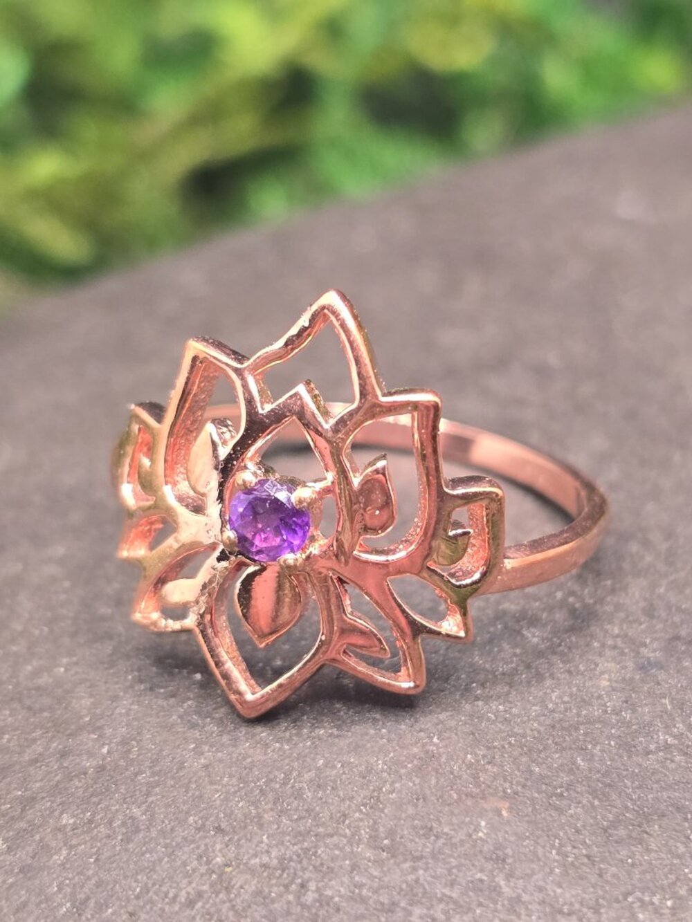 Amethyst Copper Lotus Flower Ring Size 8 Purple Gemstone Jewelry
